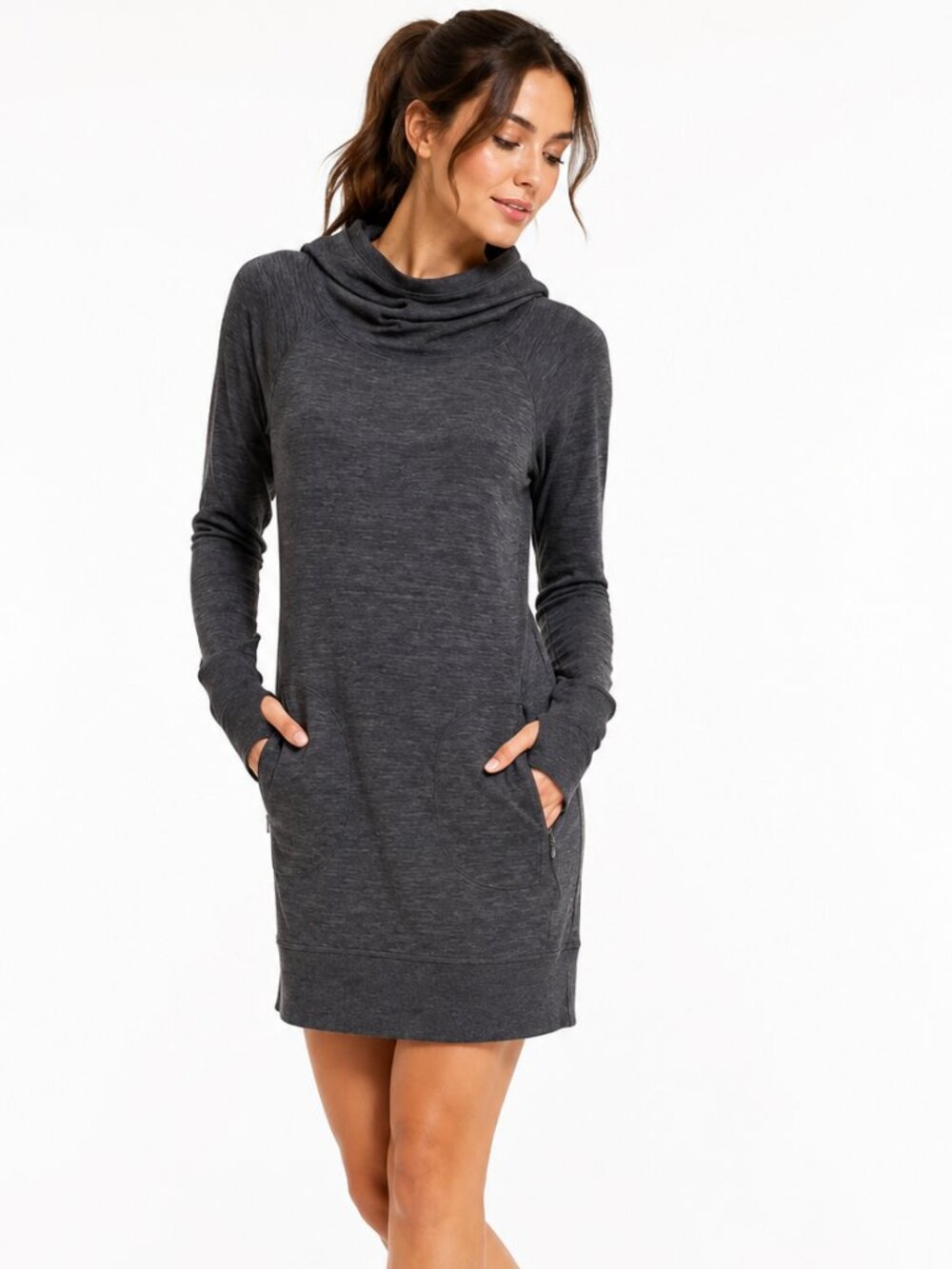 Athleta Blissful Hoodie Dress XXS Gray Cowl Neck Athleisure Thumbholes Pockets